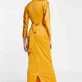 Asos Design Satin Maxi Dress With Batwing Sleeve And Wrap Waist In Mustard Yellow