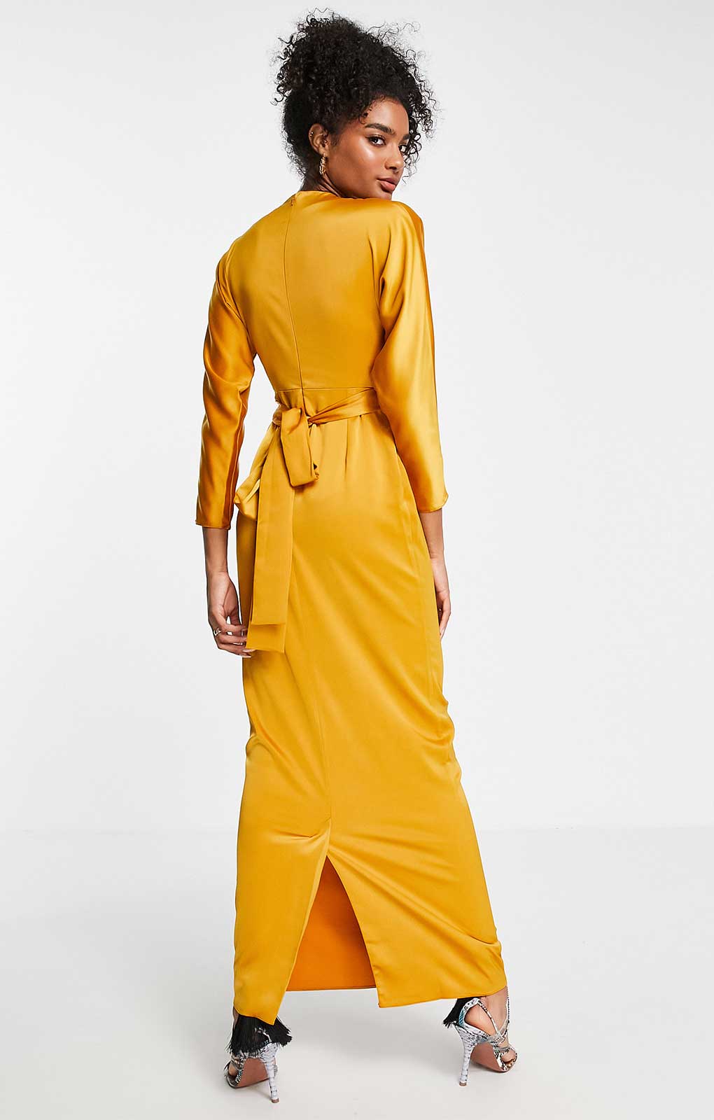 Asos Design Satin Maxi Dress With Batwing Sleeve And Wrap Waist In Mustard Yellow