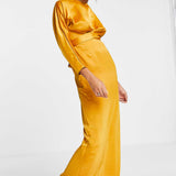 Asos Design Satin Maxi Dress With Batwing Sleeve And Wrap Waist In Mustard Yellow