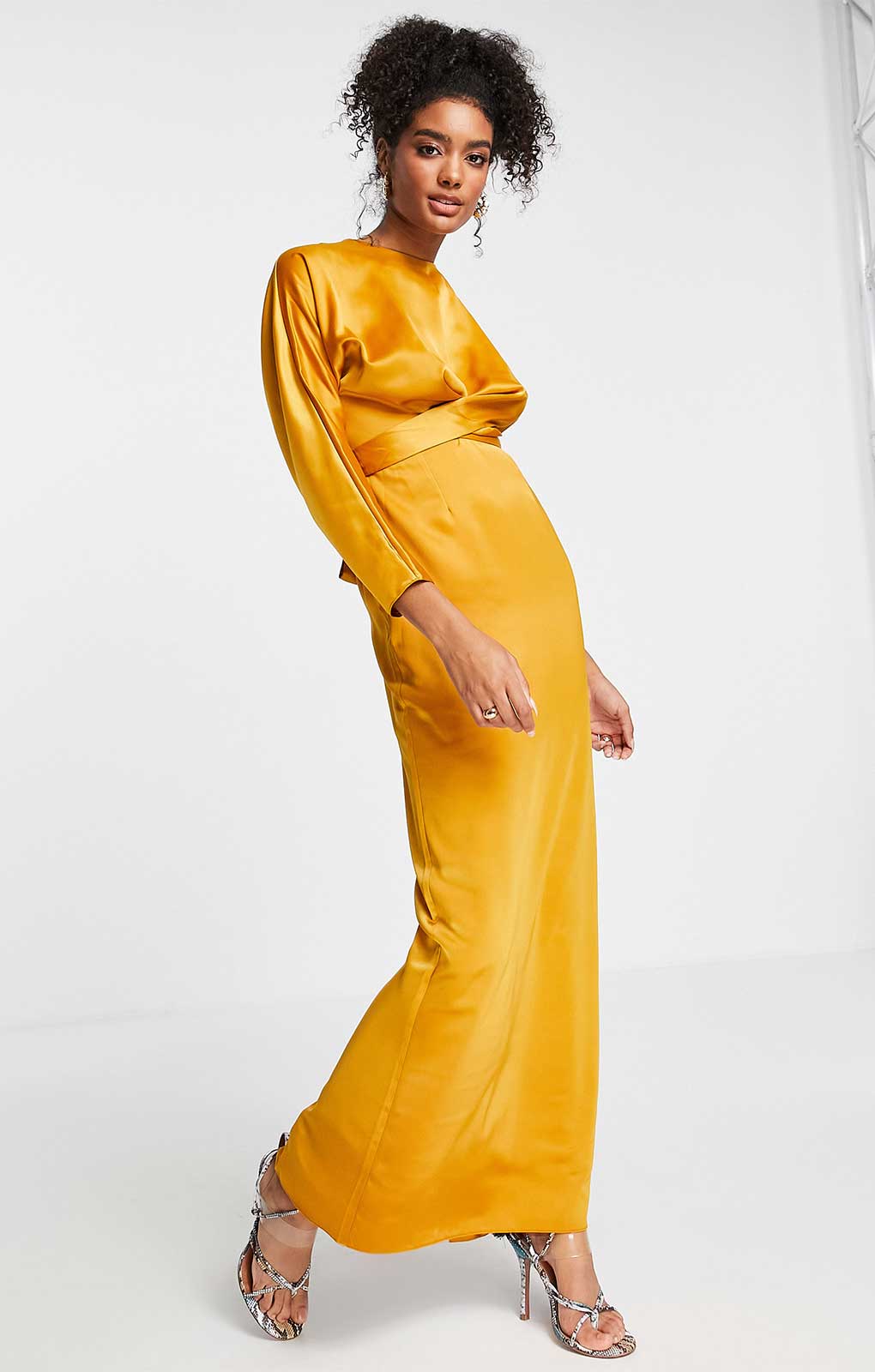 Asos Design Satin Maxi Dress With Batwing Sleeve And Wrap Waist In Mustard Yellow