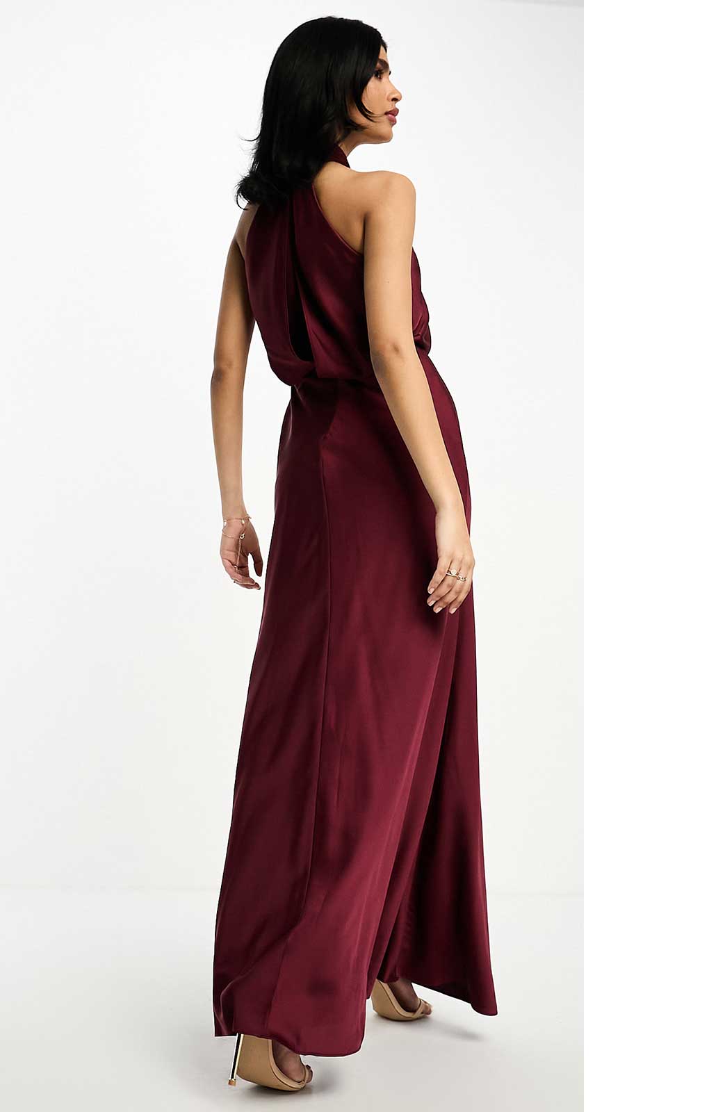 Asos Edition Satin Ruched Halter Neck Maxi Dress In Wine In Burgundy