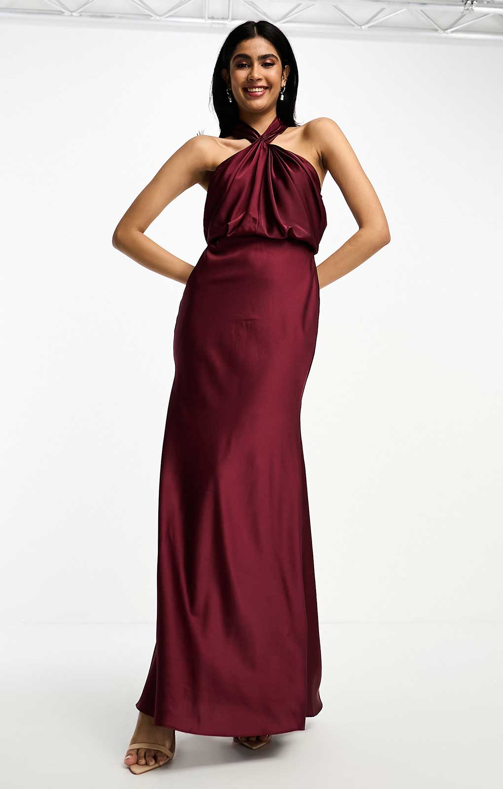 Asos Edition Satin Ruched Halter Neck Maxi Dress In Wine In Burgundy
