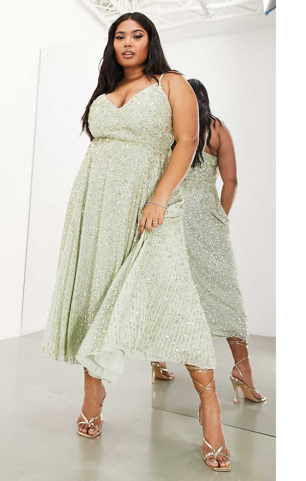 Rent Asos Edition Curve Embellished Cami Midi Dress In Sage Green