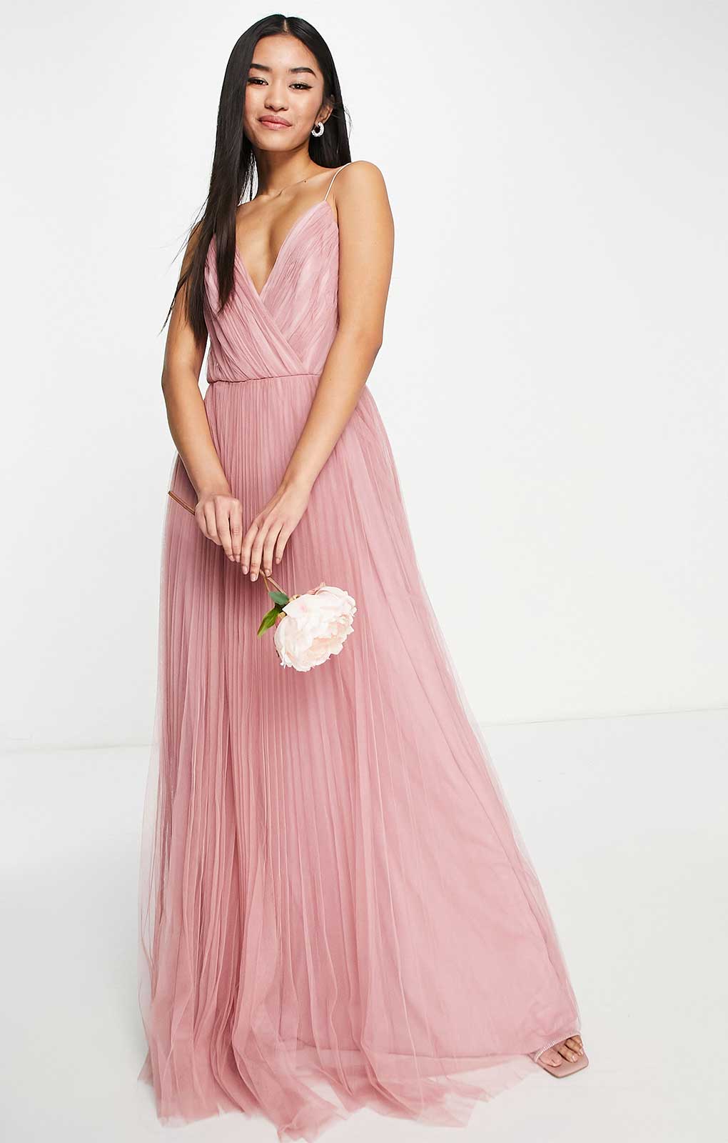 Asos Design Cami Pleated Tulle Maxi Dress In Rose Pink