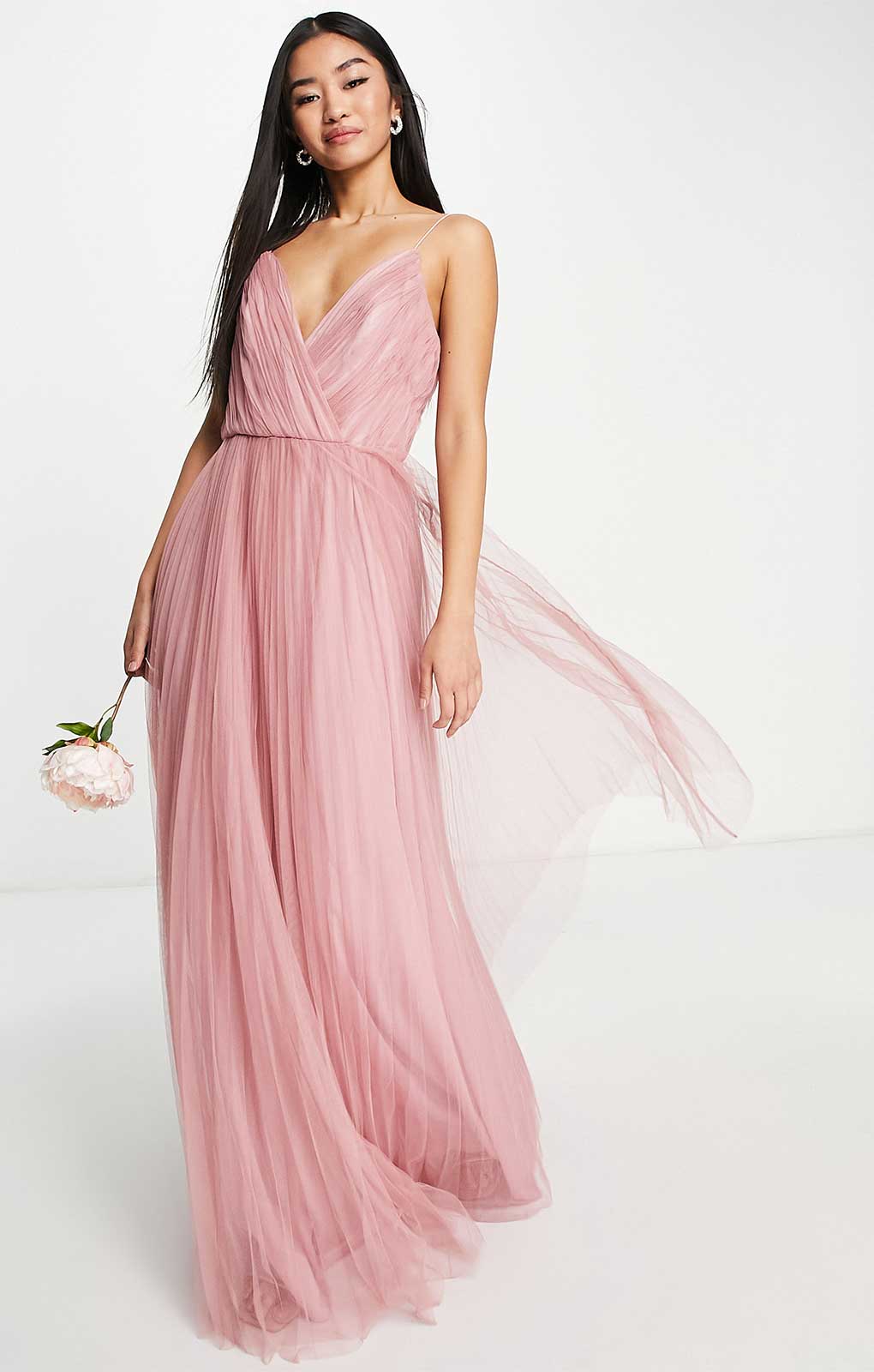 Asos Design Cami Pleated Tulle Maxi Dress In Rose Pink