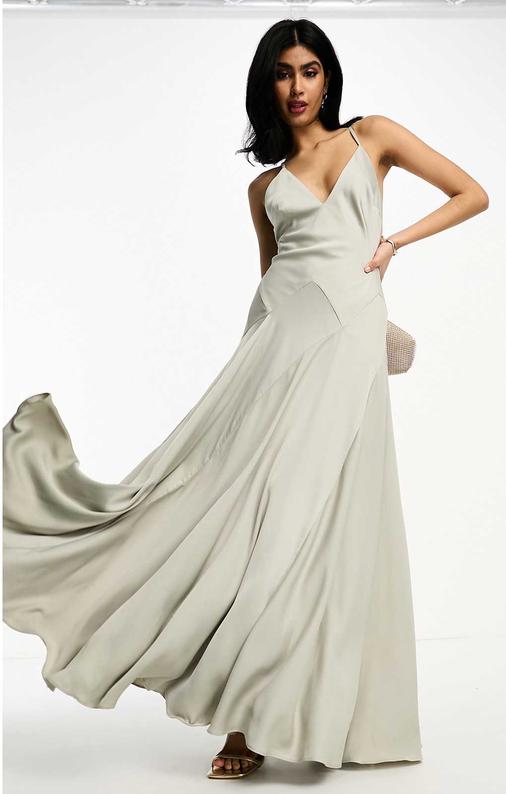 Asos Edition Satin Plunge Maxi Dress With Cross Back In Sage Green product image