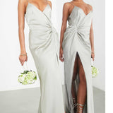 Asos Edition Satin Cami Maxi Dress With Drape Detail In Sage Green