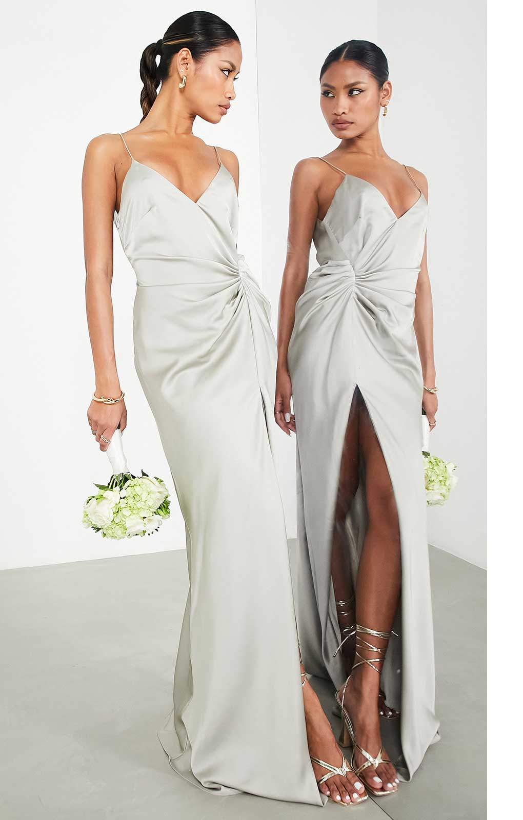 Asos Edition Satin Cami Maxi Dress With Drape Detail In Sage Green