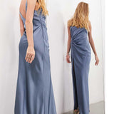 Asos Edition Satin Cami Maxi Dress With Drape Detail In Dusky Blue
