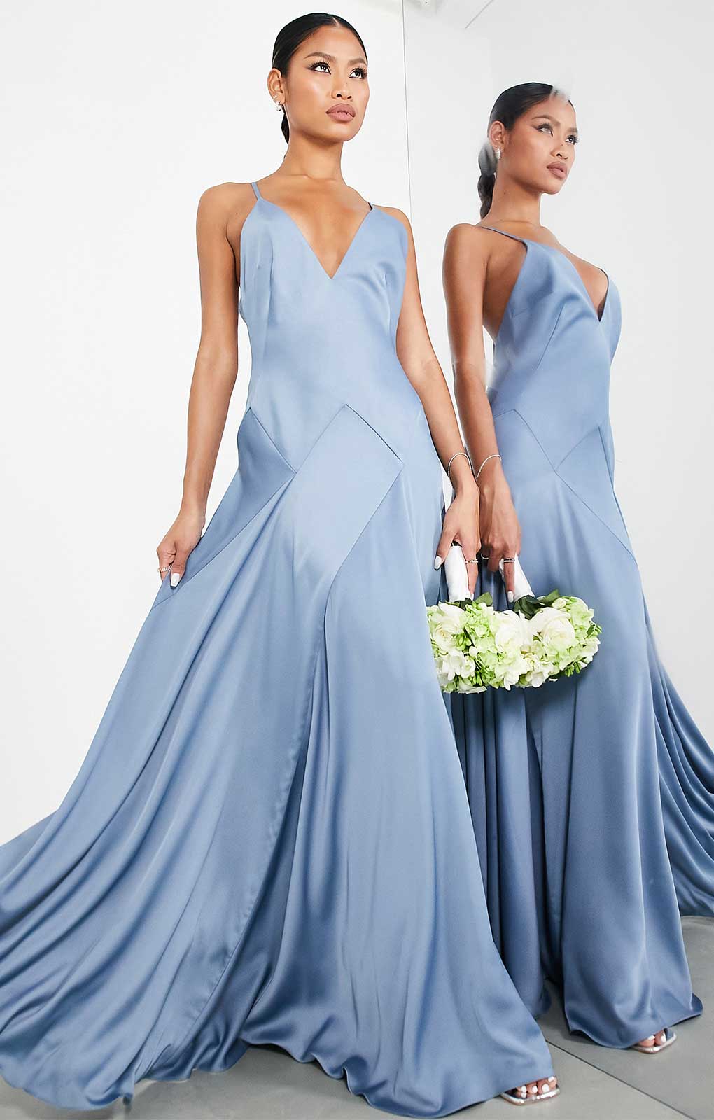 Asos Edition Satin Plunge Maxi Dress With Cross Back In Dusky Blue