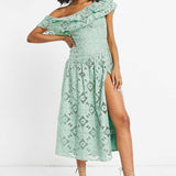 Asos Design One Shoulder Midi Dress In Patched Lace In Sage Green