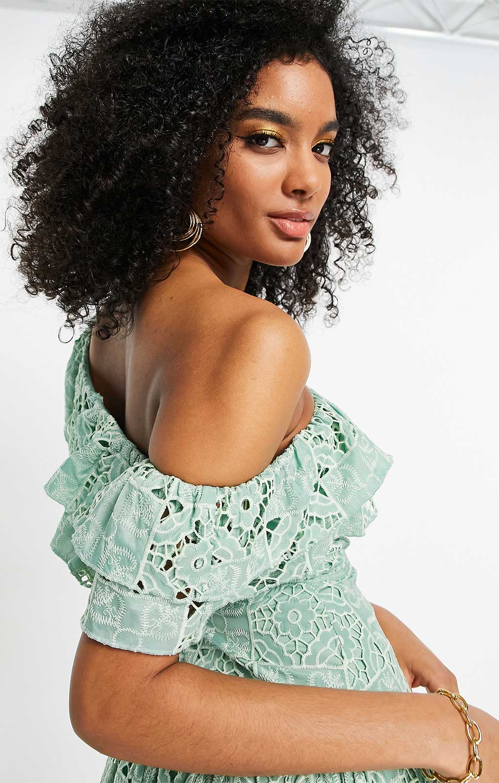 Asos Design One Shoulder Midi Dress In Patched Lace In Sage Green