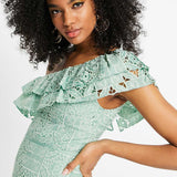 Asos Design One Shoulder Midi Dress In Patched Lace In Sage Green