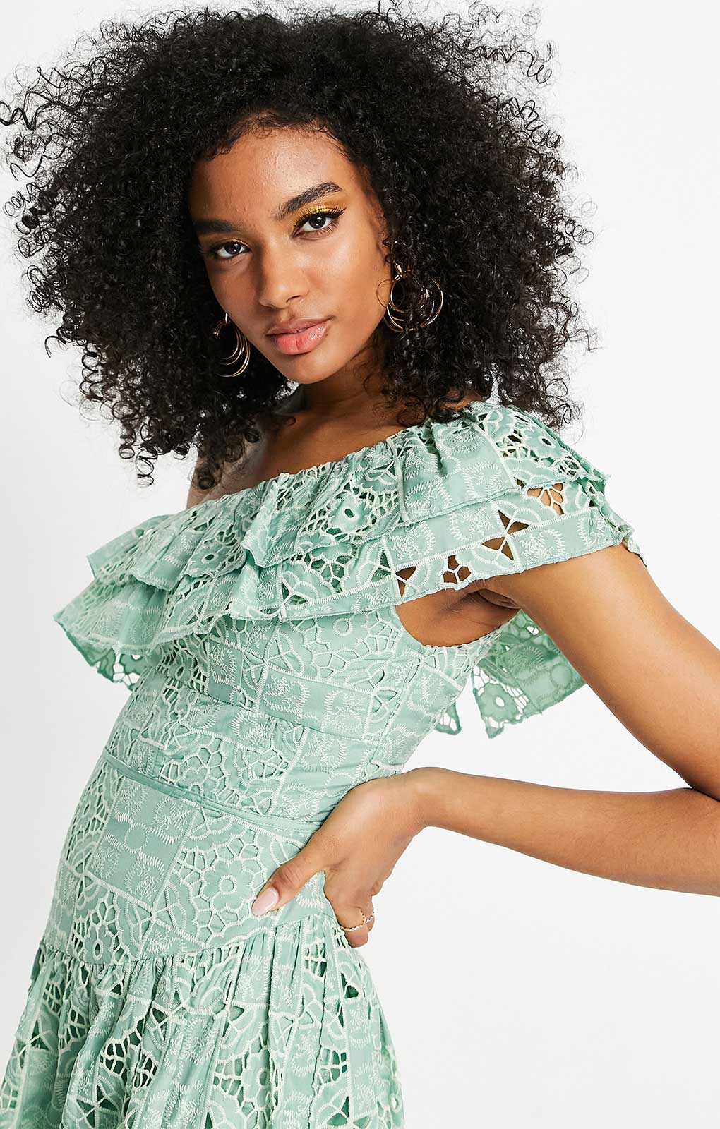 Asos Design One Shoulder Midi Dress In Patched Lace In Sage Green