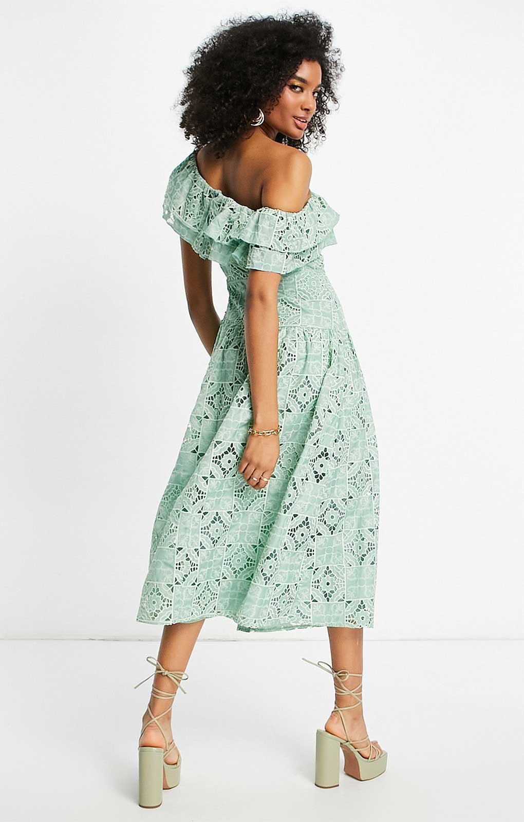 Asos Design One Shoulder Midi Dress In Patched Lace In Sage Green