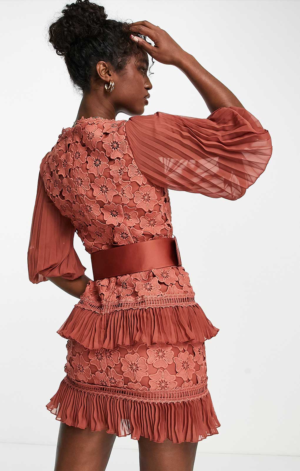 Asos Design Lace Mini Dress With Pleated Chiffon And Satin Belt In Rust Orange