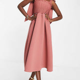 Asos Design Shirred Bunny Tie Prom Midi Dress In Rose Pink