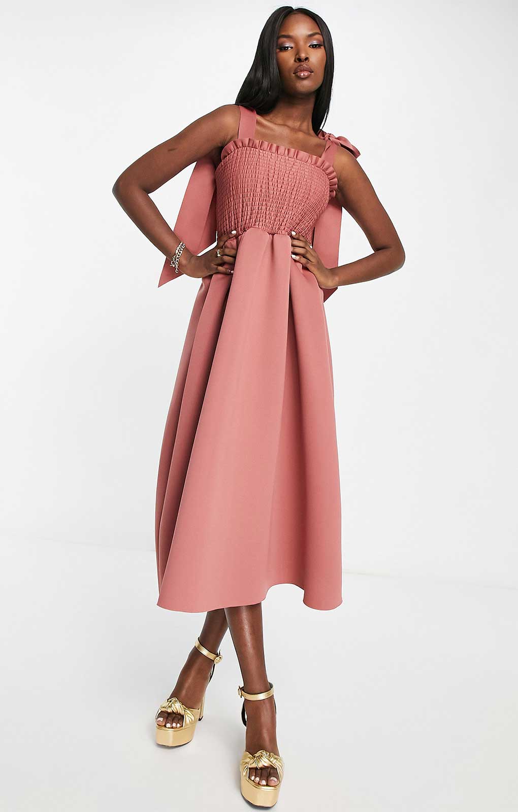 Asos Design Shirred Bunny Tie Prom Midi Dress In Rose Pink
