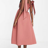 Asos Design Shirred Bunny Tie Prom Midi Dress In Rose Pink