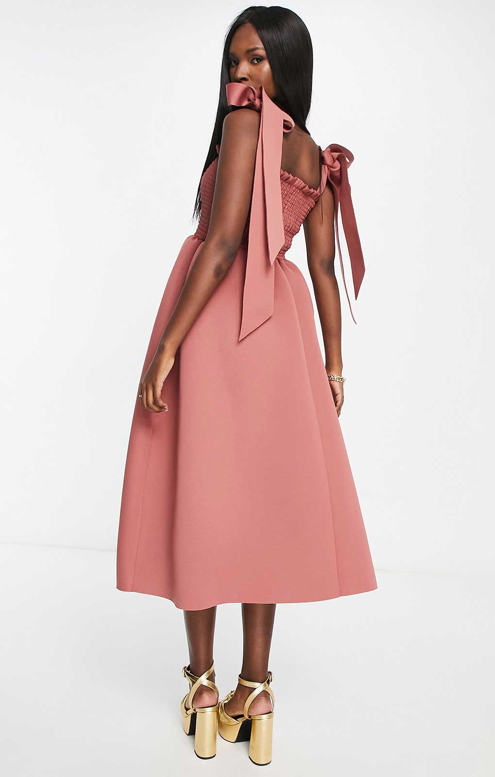 Asos Design Shirred Bunny Tie Prom Midi Dress In Rose Pink