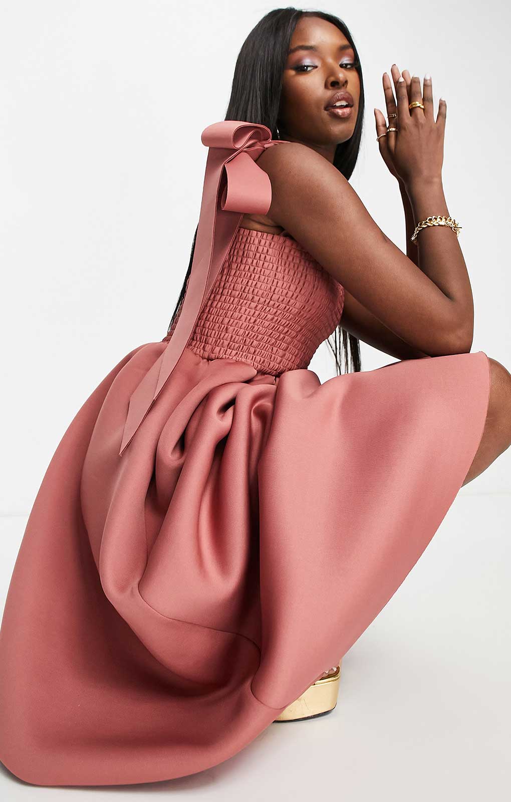 Asos Design Shirred Bunny Tie Prom Midi Dress In Rose Pink