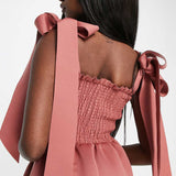 Asos Design Shirred Bunny Tie Prom Midi Dress In Rose Pink