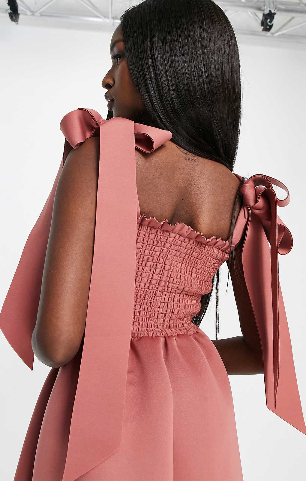 Asos Design Shirred Bunny Tie Prom Midi Dress In Rose Pink