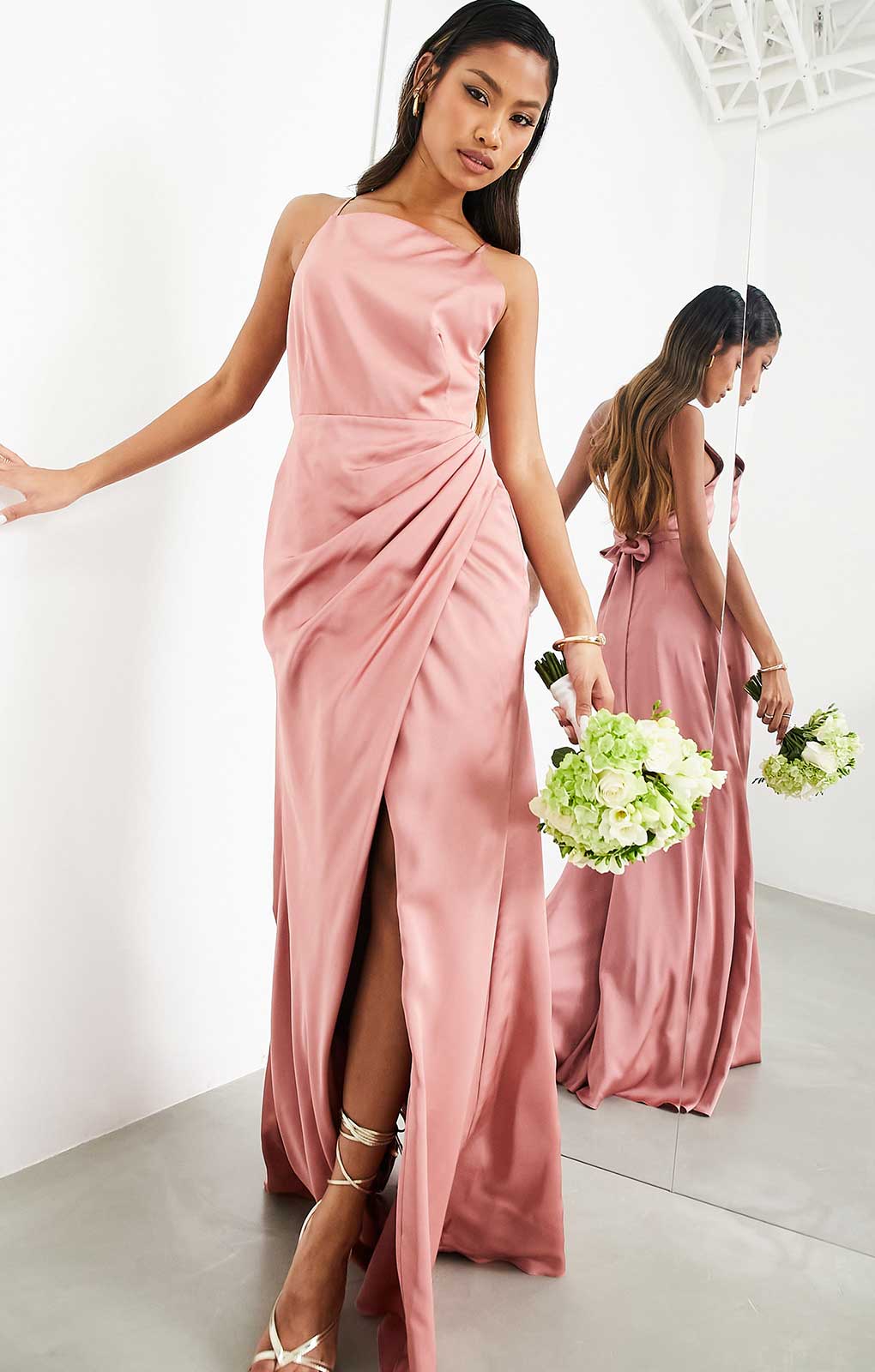 Asos Edition Satin Square Neck Maxi Dress With Side Split In Dusky Rose
