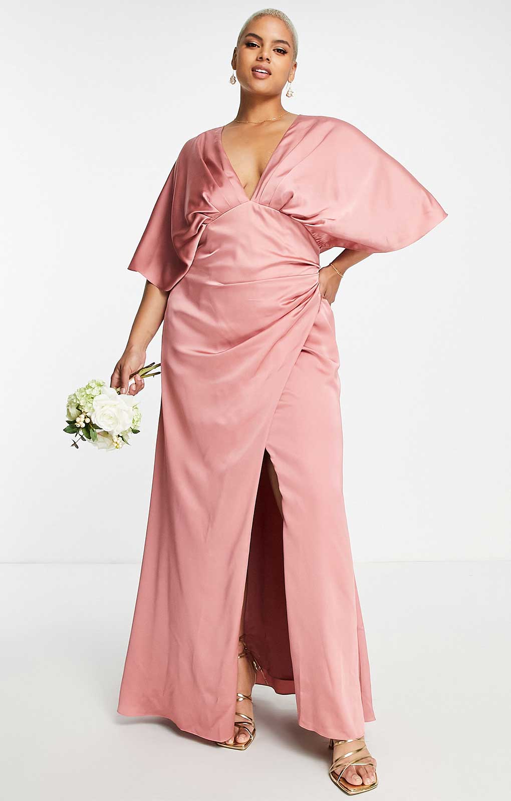 Asos Edition Curve Satin Kimono Sleeve Maxi Dress With Drape Skirt In Dusky Rose Pink