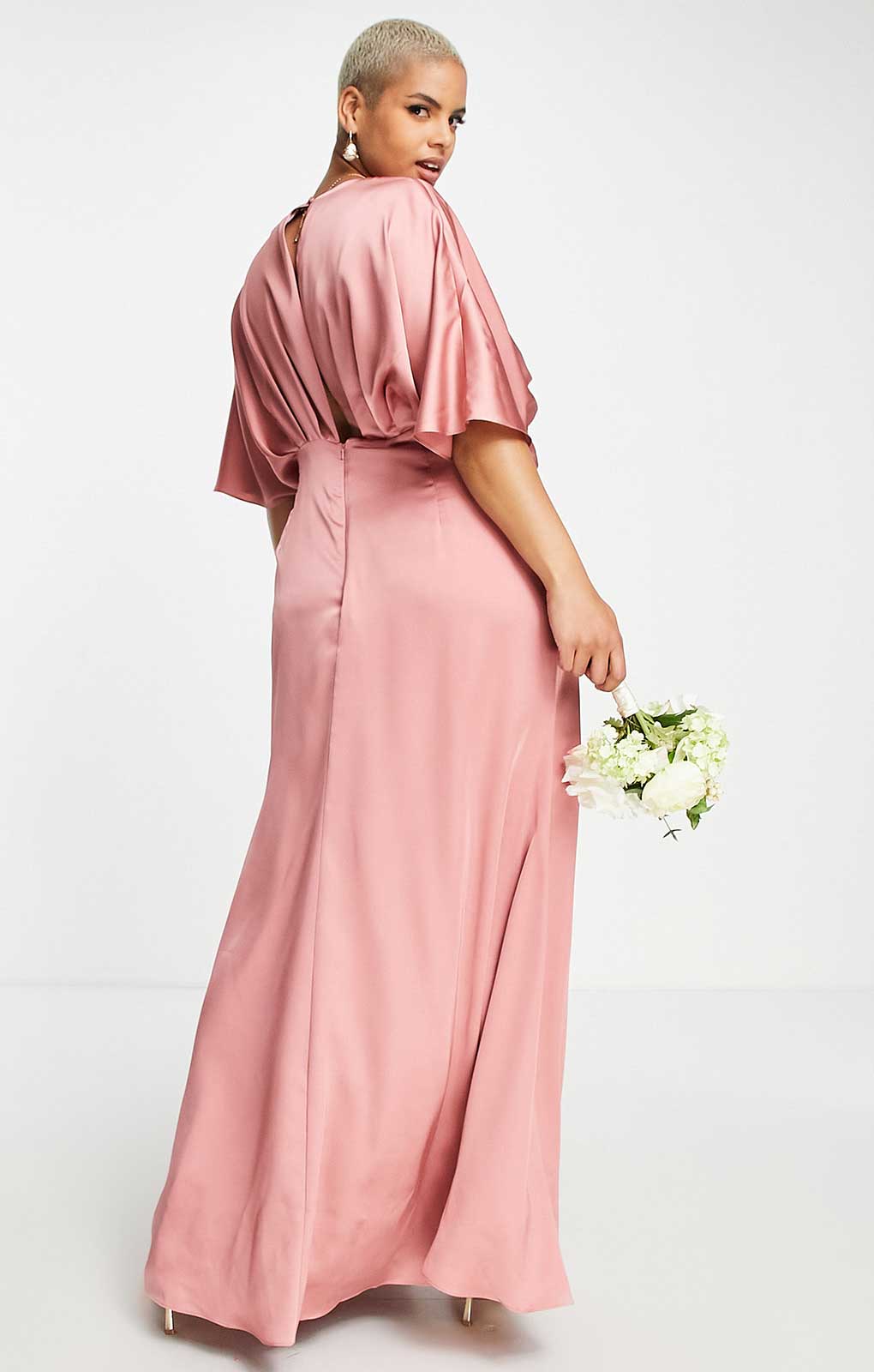 Asos Edition Curve Satin Kimono Sleeve Maxi Dress With Drape Skirt In Dusky Rose Pink