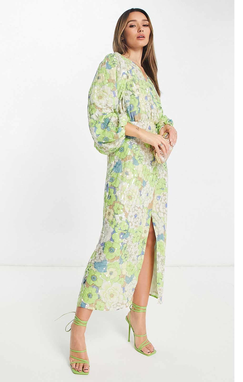 Asos Edition Sequin Wrap Midi Dress In Floral Print