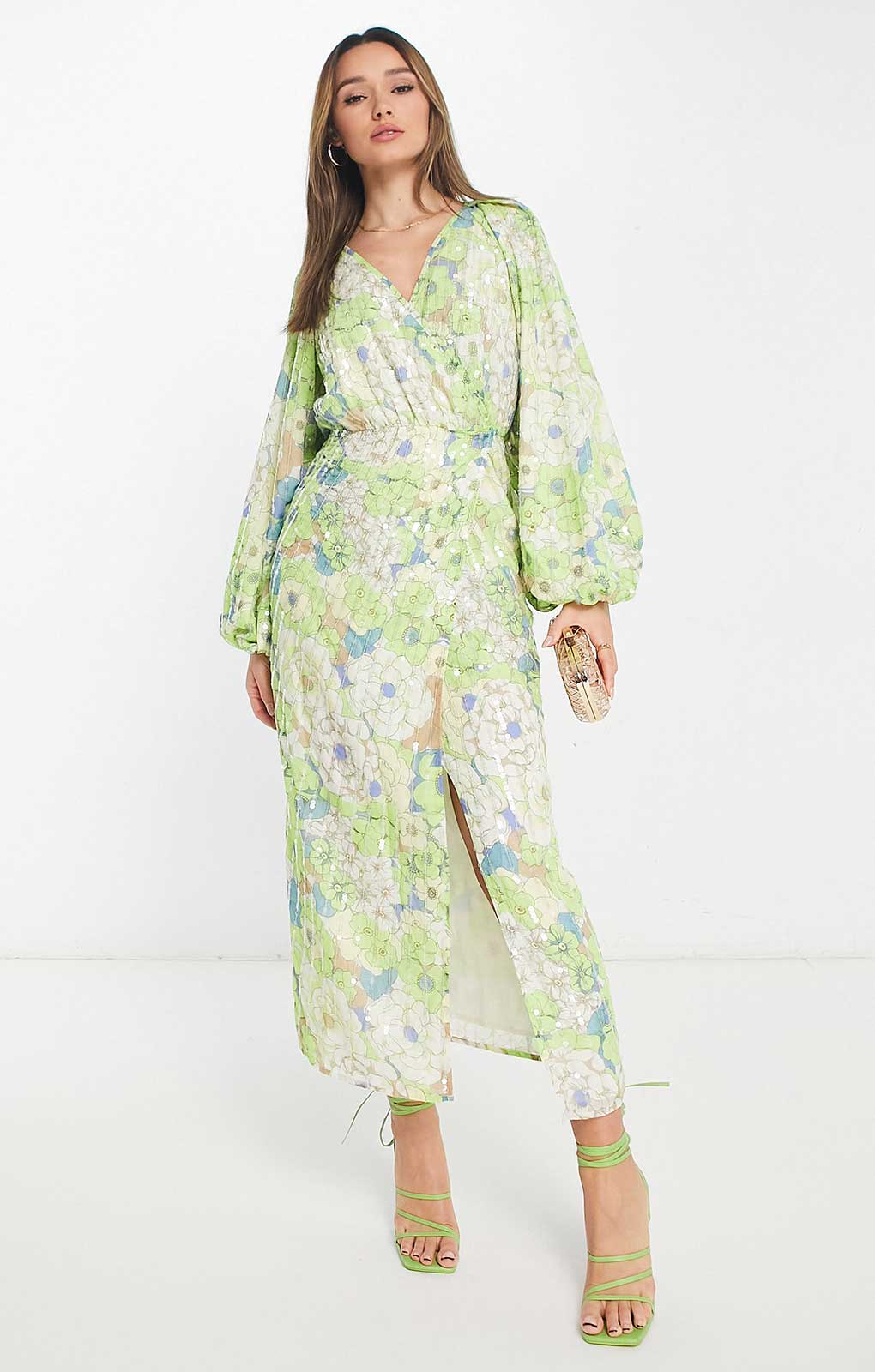 Asos Edition Sequin Wrap Midi Dress In Floral Print