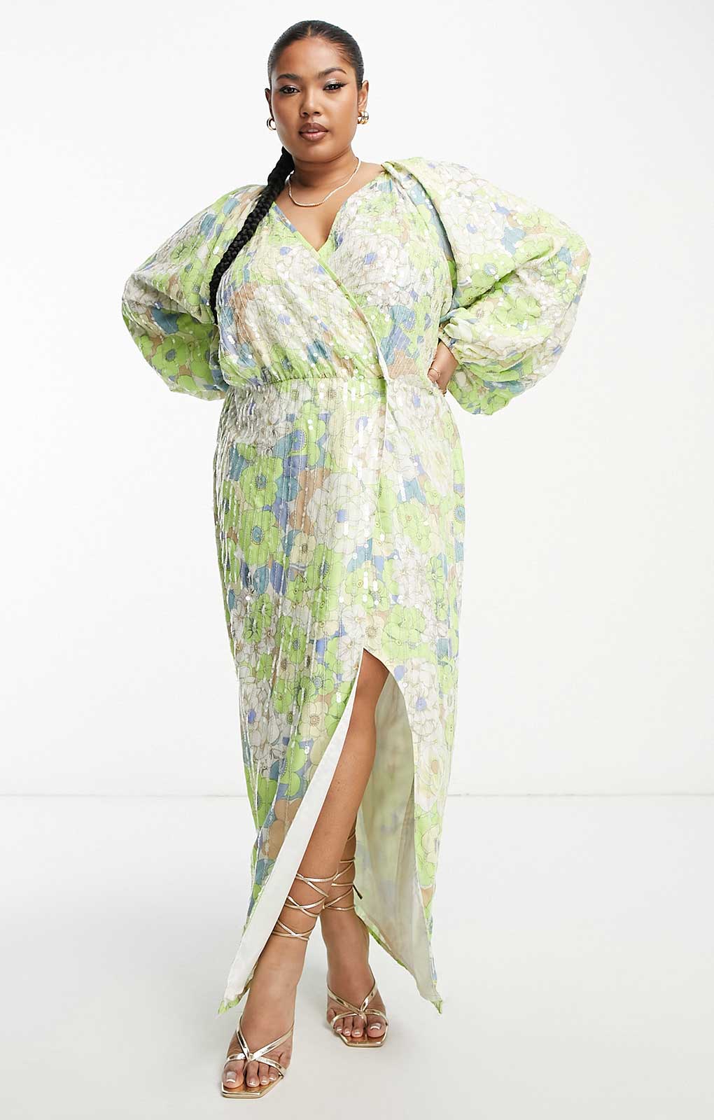 Rent Asos Edition Curve Sequin Wrap Midi Dress In Floral Print