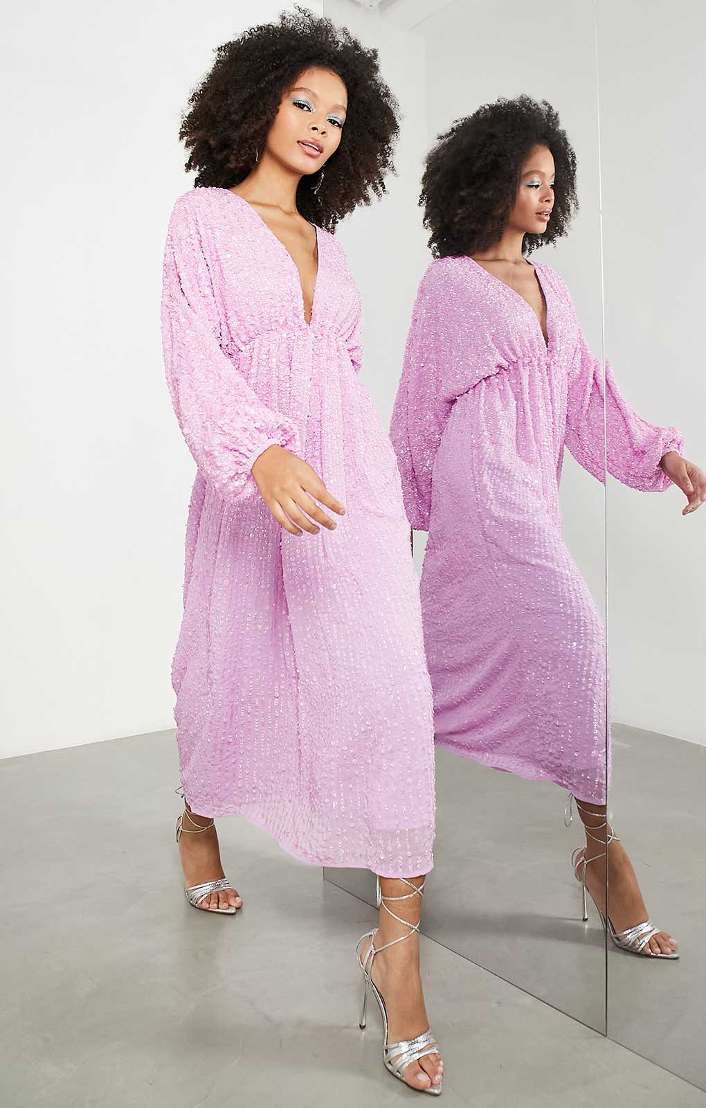 Asos Edition Embellished Gathered Waist Midi Dress In Pink