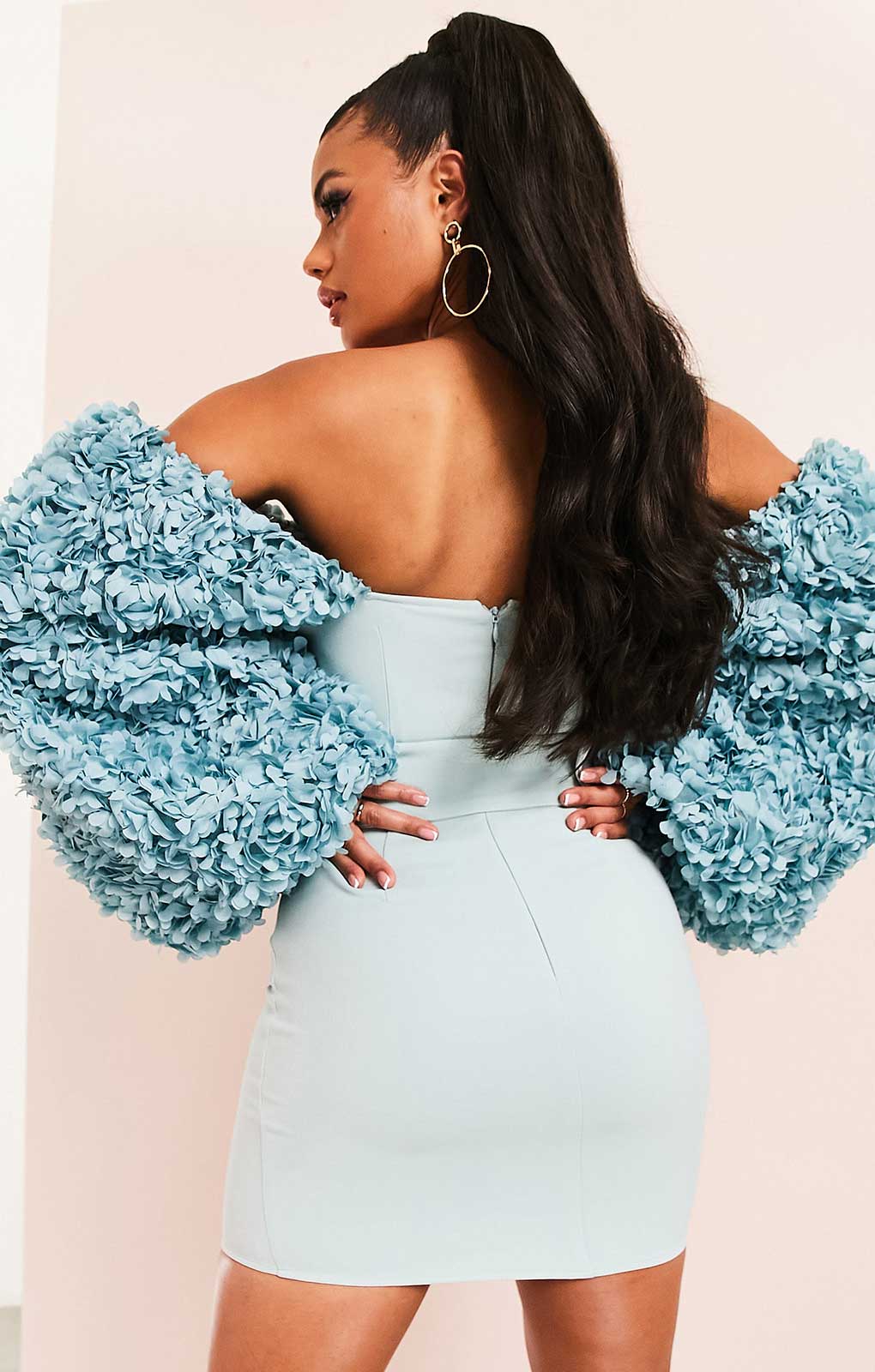 Asos Luxe 3D Floral Sleeve Dress With Belt In Blue