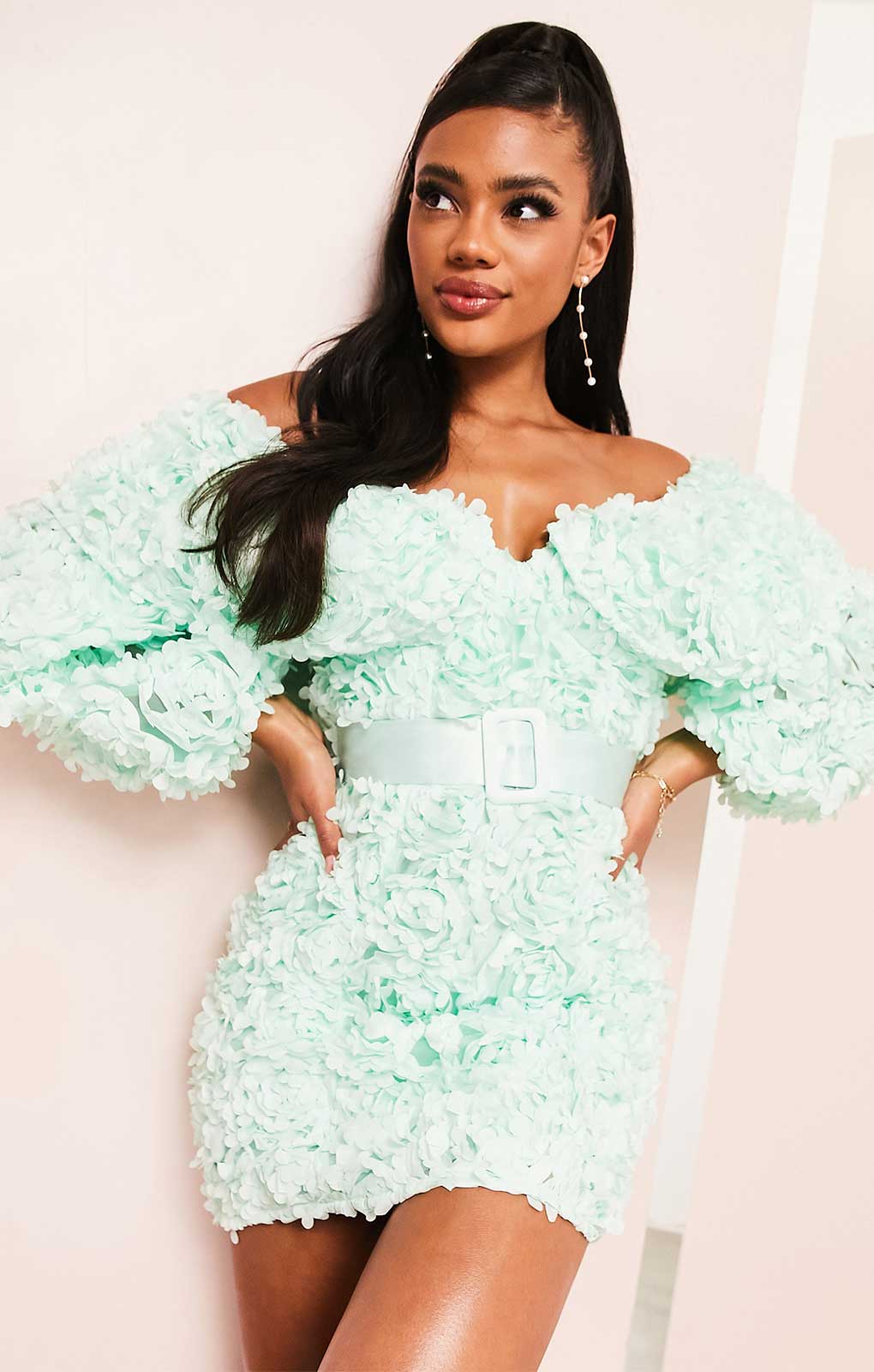 Asos Luxe 3D Floral Bardot Mini Dress In Mint