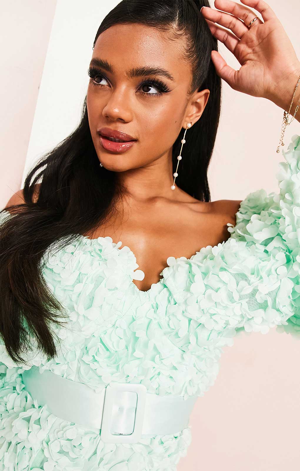 Asos Luxe 3D Floral Bardot Mini Dress In Mint