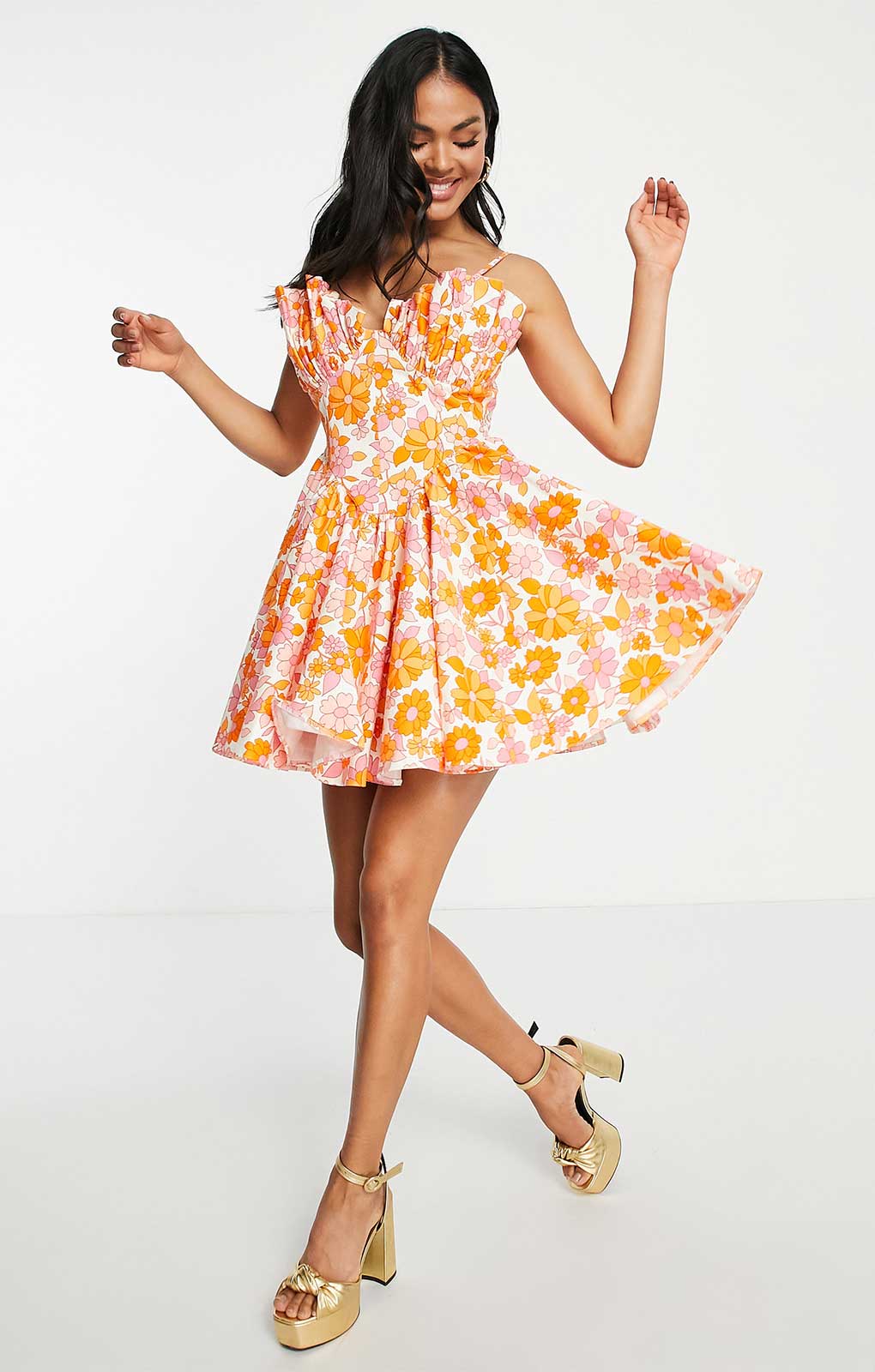 Asos Luxe Fan Detail Mini Cami Dress In 60S Floral
