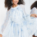 Asos Edition Floral Embroidered Mesh Mini Dress With Blouson Sleeve In Pale Blue