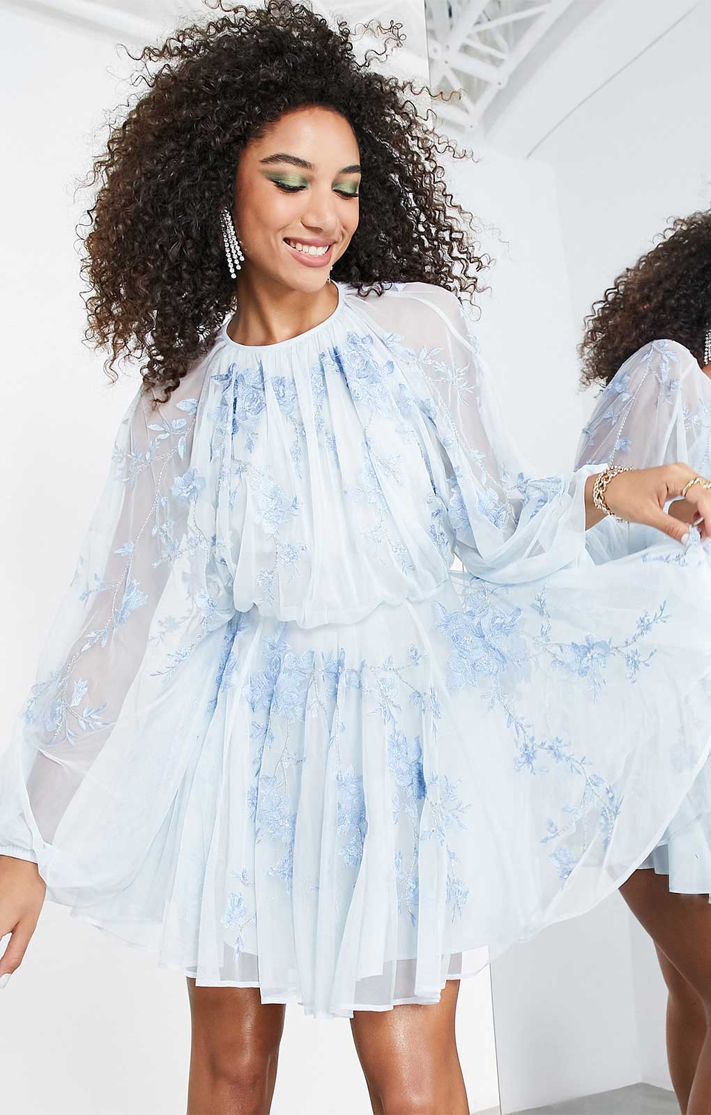 Asos Edition Floral Embroidered Mesh Mini Dress With Blouson Sleeve In Pale Blue