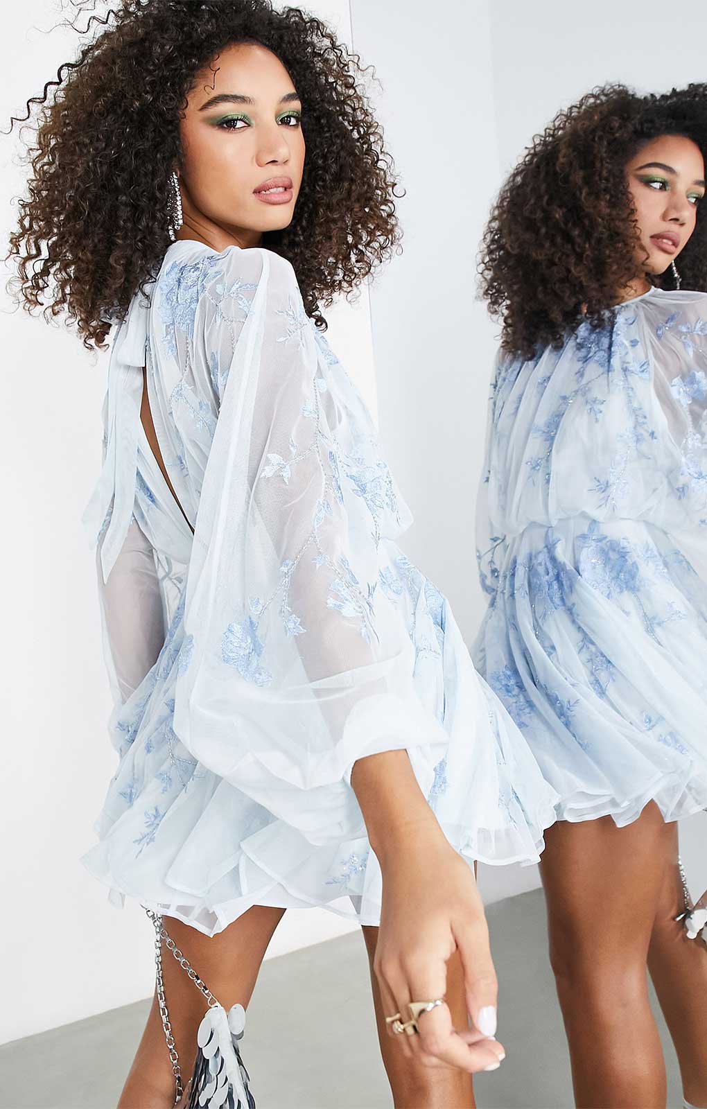 Asos Edition Floral Embroidered Mesh Mini Dress With Blouson Sleeve In Pale Blue
