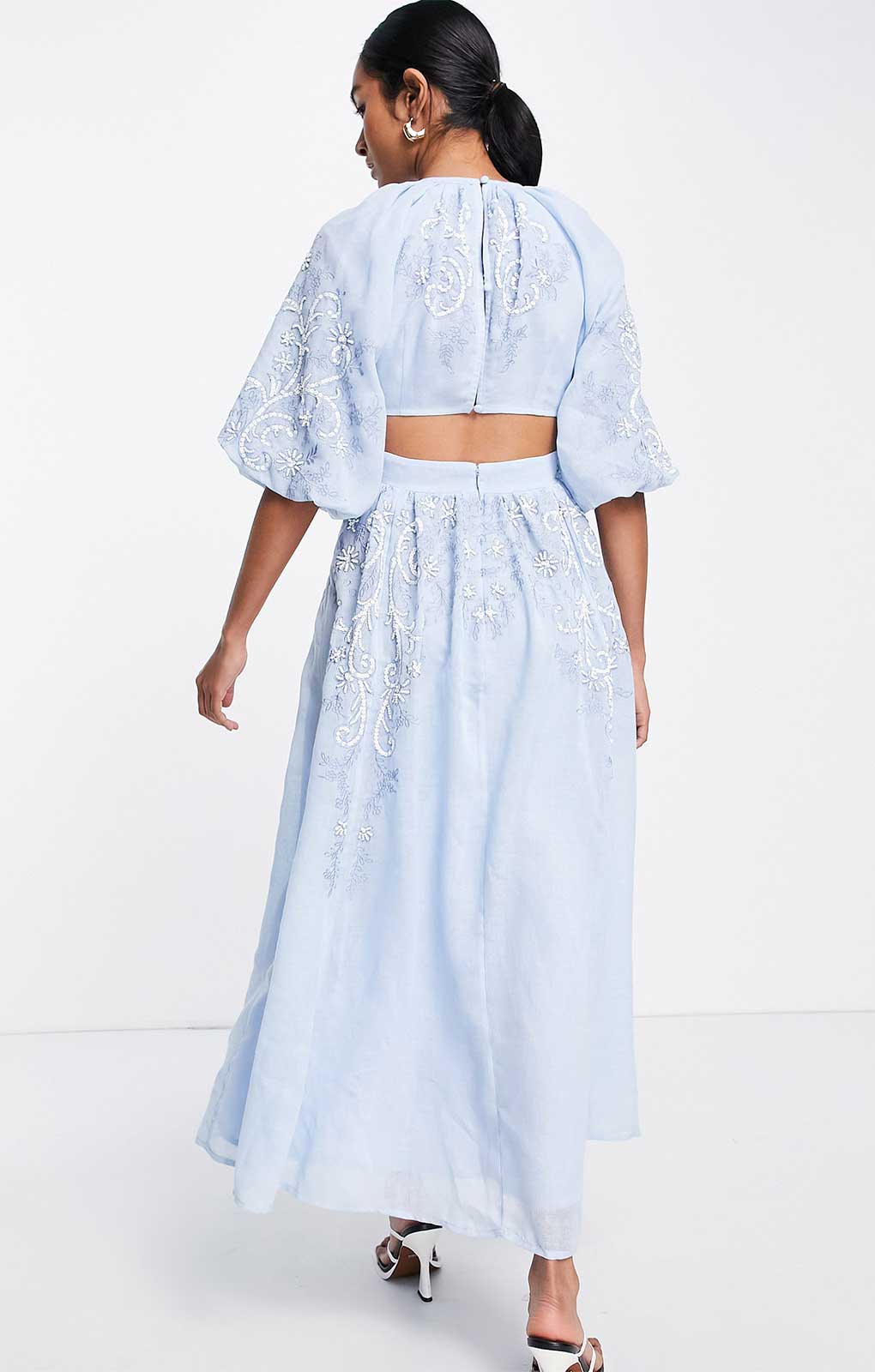 Asos Edition Puff Sleeve Midi Dress With Cut Out Back And Beaded Embroidery In Blue