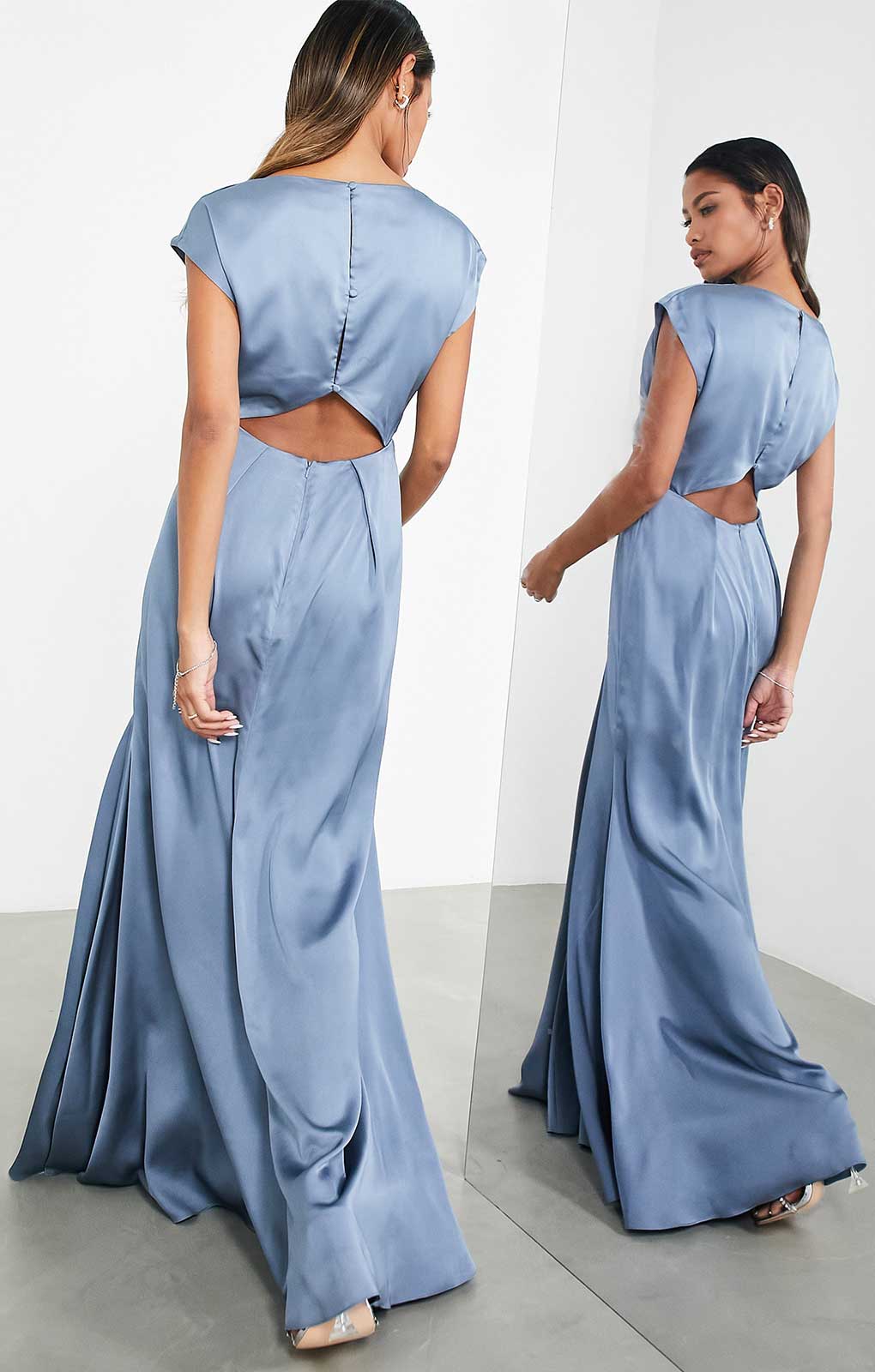 Asos Edition Satin Cowl Neck Maxi Dress With Cut Out Back In Dusky Blue