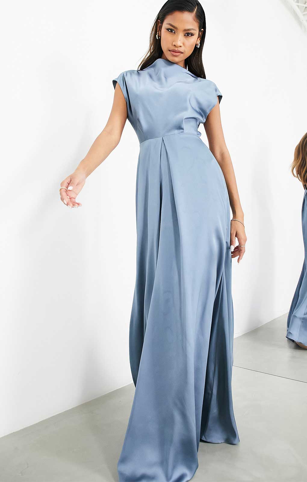 Asos Edition Satin Cowl Neck Maxi Dress With Cut Out Back In Dusky Blue