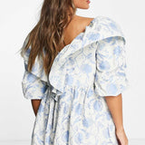 Asos Edition Ruffle Detail Mini Smock Dress In Blue Floral Jacquard