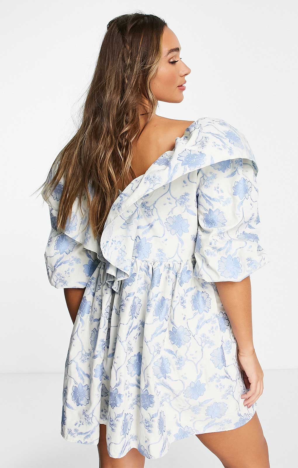 Asos Edition Ruffle Detail Mini Smock Dress In Blue Floral Jacquard