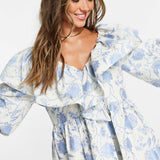 Asos Edition Ruffle Detail Mini Smock Dress In Blue Floral Jacquard