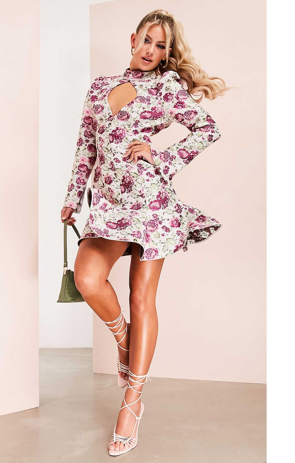Asos Luxe Keyhole Cut Out Mini Dress In Floral Jacquard