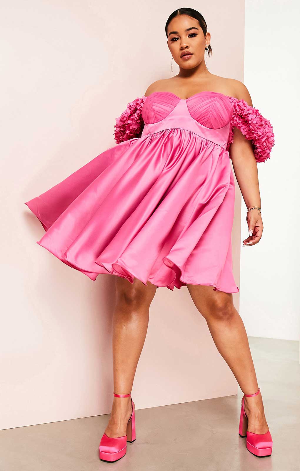 Asos Luxe Curve 3D Floral Satin Wired Baby Doll Mini Dress In Pink