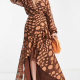 Asos Design Satin Jacquard Warped Spot Wrap Maxi Dress With Tie Waist